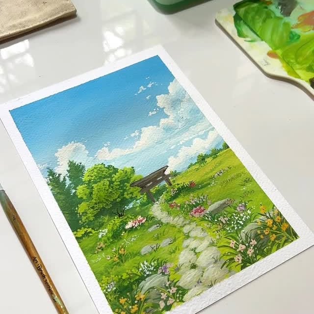 #Landscape Scenery Sketch Reel by @artsy_fida - Landscape with wildflowers and trees.🍃
. 
.
Paints from: @miyahimi.in & @thoovi.arts
.
.
.
.
.
#art #fyp #landscapepainting #landscape #wavespainting