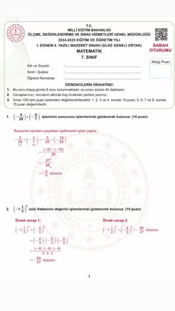 #2sınıfmatematik Reel by @ortaokulpaylasim - 📘 7. Sınıf Matematik - 1. Dönem 2. Yazılı (Soru & Cevaplar)
Sınav daha yapılmadı ama öğrencilerin hazırlanabilmesi için geçen seneki 2. yazılı soru