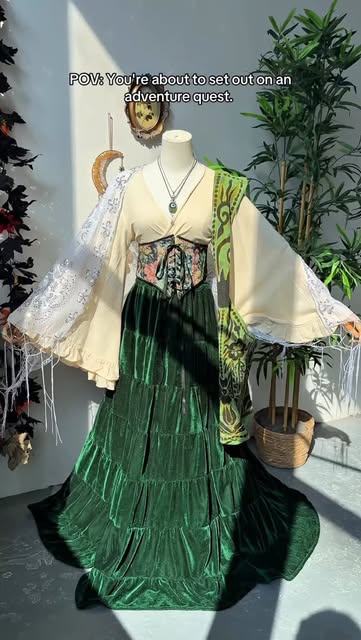 #Wanderlust Himani Fashion Inspiration Reel by @karmanepalcrafts (verified account) - POV you're about to set out on an adventure quest 💚 #quest #karmanepalcrafts #slowfashion #velvet #outfitinspo #fairytale #renassaince