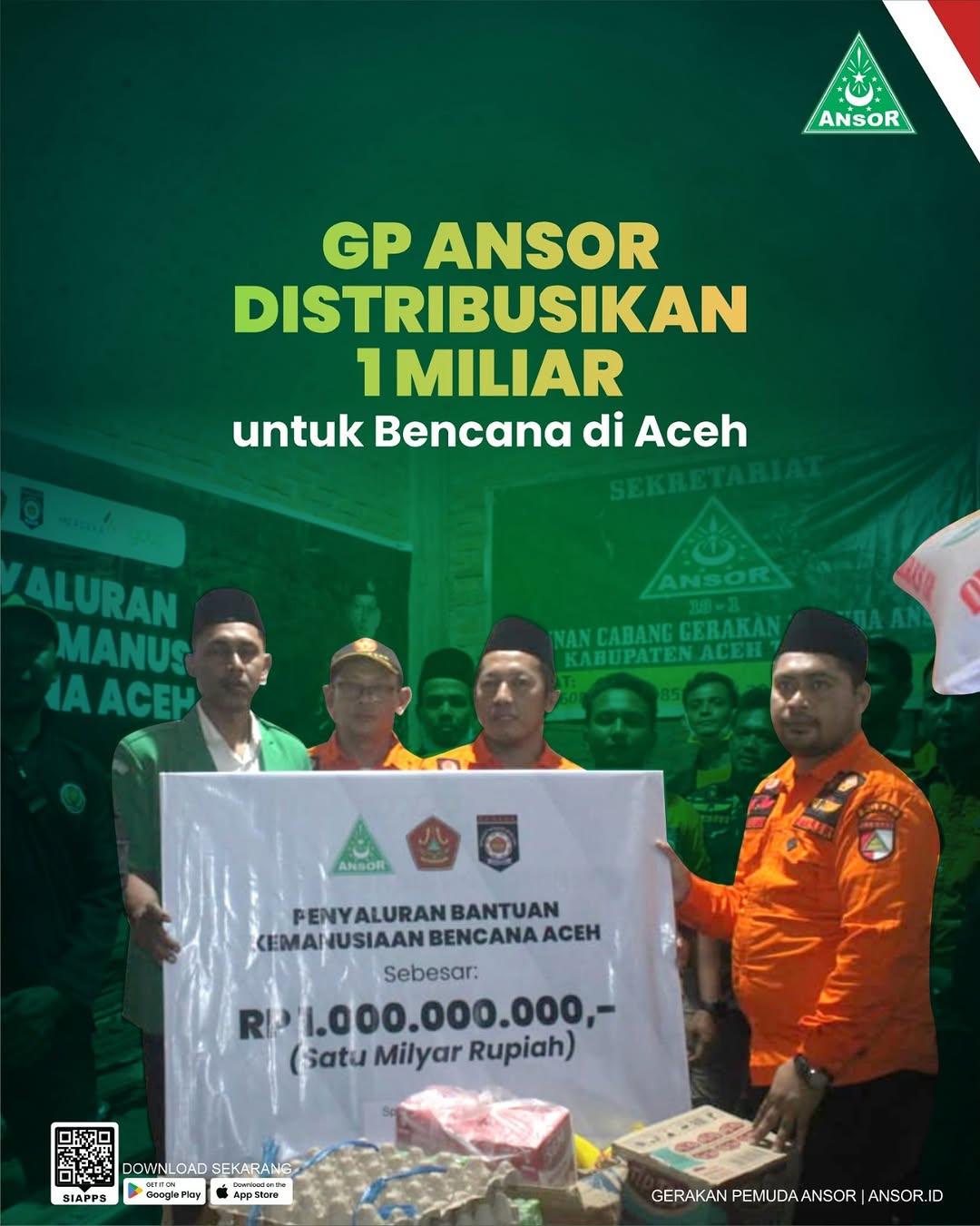 Bang Ketum Addin Jauharudin, menyerahkan langsung bantuan kemanusiaan untuk korban Bencana Aceh melalui Posko PC GP Ansor Aceh Tamiang yang diterima langsung Sekwil PW GP Ansor Aceh, Sahabat Ruslan.