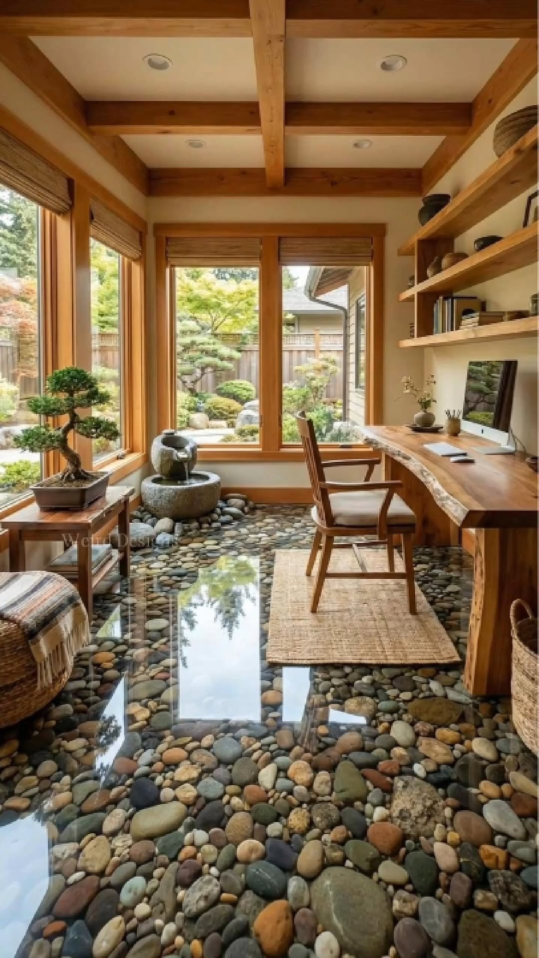 This zen office floor looks incredible with its epoxy river pebbles! #interiordesign #homedesign #epoxy #homedecor #officedesign