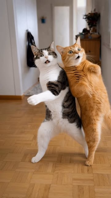 #Cats Reel by @robinfilms.ch (verified account) - When your cats forget they're cats and suddenly turn the floor into a dance stage 🕺🐱🐱
POV: The beat drops, the vibe hits, and both sets of back paw