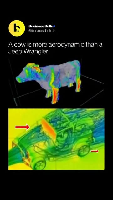 #Businessbulls Reel by @businessbulls.in - It sounds absurd, but a cow is actually more aerodynamic than a Jeep Wrangler.
The cow's rounded, organic shape creates less turbulent airflow, whil