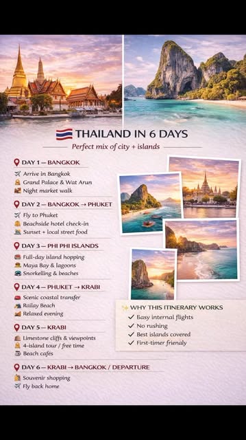 #Thailand Vacation Packages Reel by @infinityitinerary - Thailand in 6 days 🇹🇭
Beaches, islands & city life - without rushing.
If this trip is on your bucket list, save this ✨
💌 DM THAILAND and I'll plan