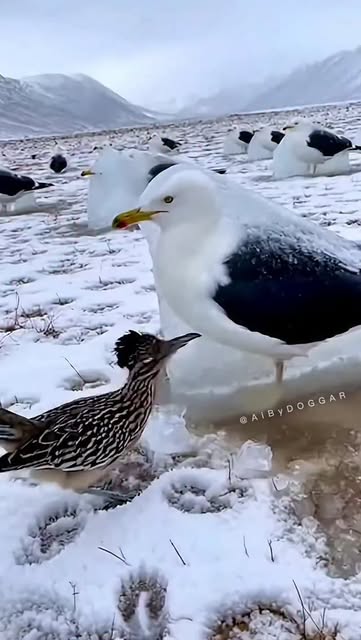 #Naturephotography Reel by @aibydoggar - A Kelp Gull trapped in ice meets a Greater Roadrunner in a snowy standoff. It's a fascinating look at how different species react to extreme weather.