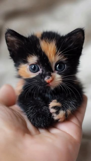 #Kucing Calico Betina Reel by @wish_ai_creator - This calico kitten is so small it feels illegal to be this cute 🐾🖤🧡
Tiny paws, huge eyes, and a face that looks like it was handcrafted to steal he