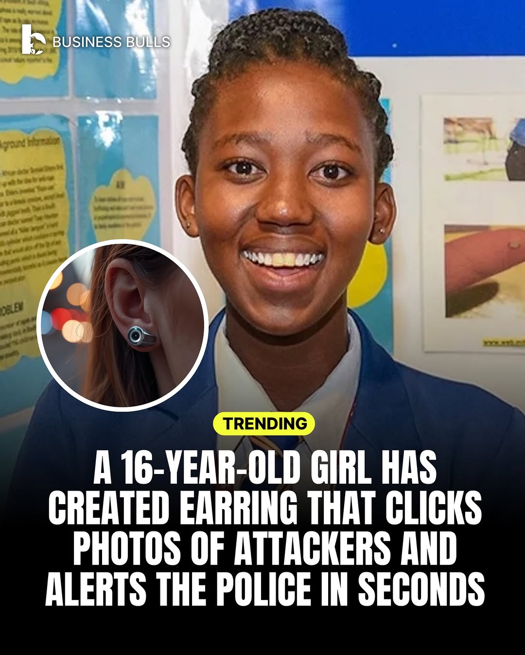 Sixteen-year-old South African innovator Bohlale Mphahlele created the Alerting Earpiece, a discreet safety device that captures attackersβ images, shares live GPS, and sends distress alerts to fight