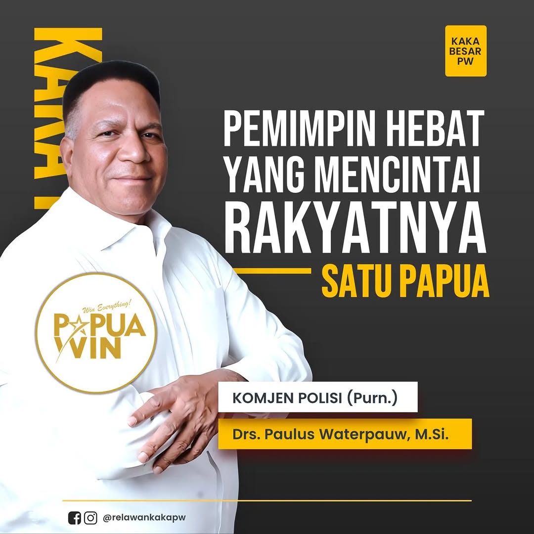 Pilihan terbaik untuk Papua. Papua Win (Papua Menang) bersama Komjen. Pol. (Purn) Drs. Paulus Waterpauw, M.Si. @pauluswaterpauw menuju Indonesia Emas. #papuamenang #papuamaju #indonesiaemas