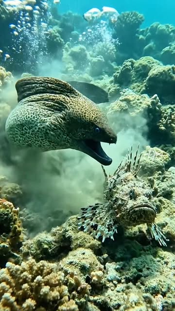 #Naturephotography Reel by @moly.s168 - Large Moray Eel tries to bite a Camouflaged Stonefish...! Beautiful Fish of Ocean Floor 🐟🦀🦞🐋🐙🐬🦑🐠🐢🎥🥰
#travel #memes #quote #DeepSea #OceanMy