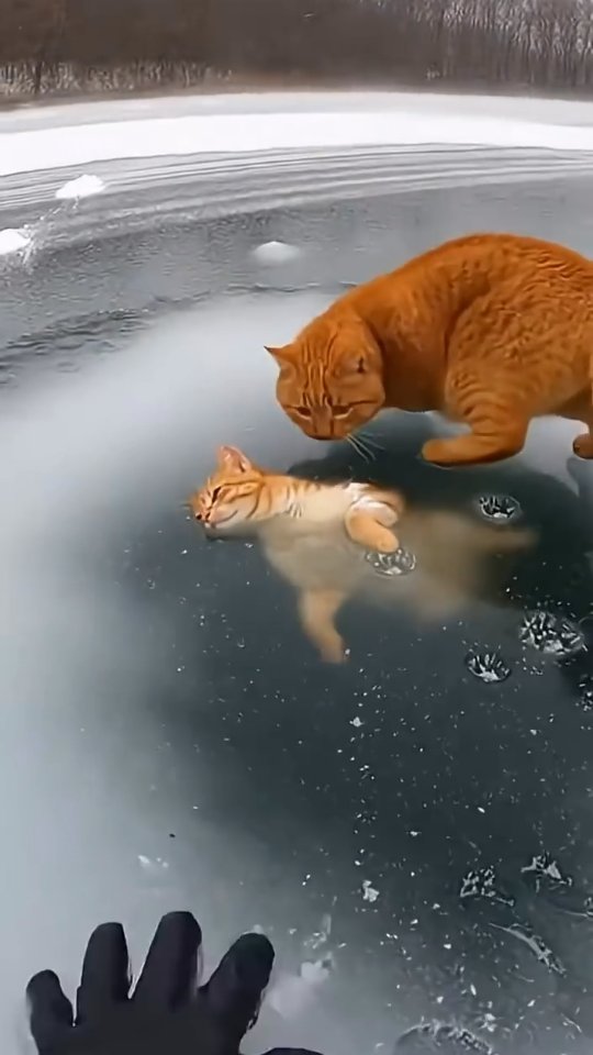 A cat watches over a friend trapped beneath the ice