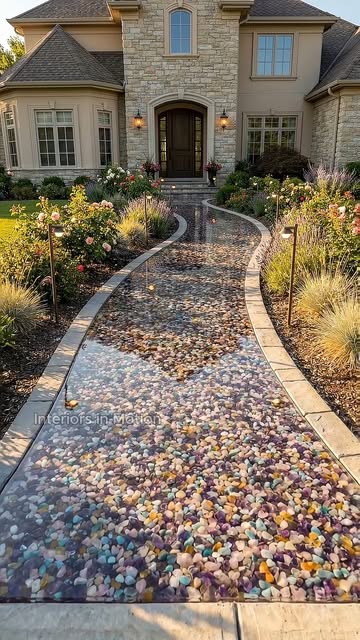 #Pebbles For Landscaping Ideas Reel by @interiorsinmotionai - Crystal Pebble Resin Walkway to a Stone Manor β¨π Ultra-Clear Epoxy Path (Luxury Curb Appeal)