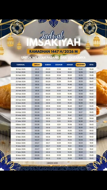 #Imsakiyah Ramadhan 2026 Padang Reel by @pastelrotami - πβ¨ **JADWAL IMSAKIYAH RAMADHAN 1447 H** β¨π
Untuk wilayah Padang dan sekitarnya π€
Semoga Ramadan kali ini membawa berkah, ketenangan, dan rezeki ya
