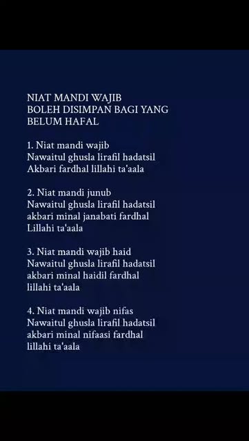 #Doa Niat Mandi Ramadhan Reel by @dear_a51 - NIAT MANDI WAJIB
BOLEH DISIMPAN BAGI YANG
BELUM HAFAL
1. Niat mandi wajib
Nawaitul ghusla lirafil hadatsil
Akbari fardhal lillahi ta'aala
2. Niat man