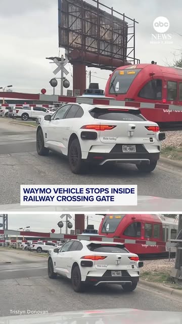 #Waymo Reel by @abcnews (verified account) - Waymo says there were no passengers onboard a self-driving car that was seen stopped between train tracks and a crossing gate at a railroad crossing i
