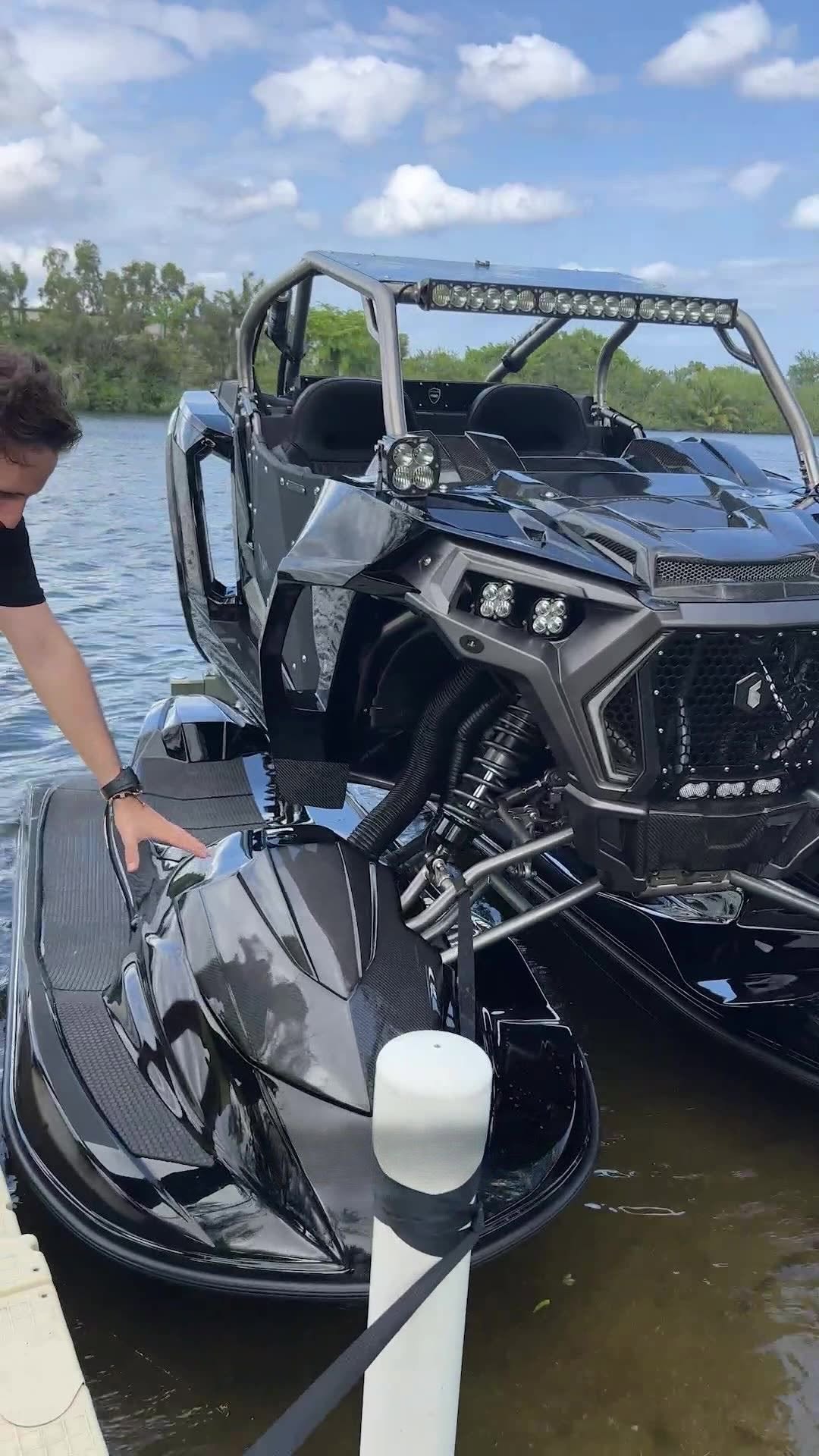 It’s a UTV stacked on top of two jet skis, that can fly across the water at 100mph! 🤯 #jetski #boat #sbxcars