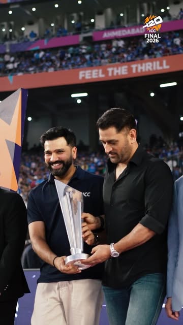 #Rohitsharma45 Reel by @icc (verified account) - The #T20WorldCup trophy makes its way to the middle with two World Cup-winning captains @mahi7781 and @rohitsharma45 by its side alongside ICC Chairma
