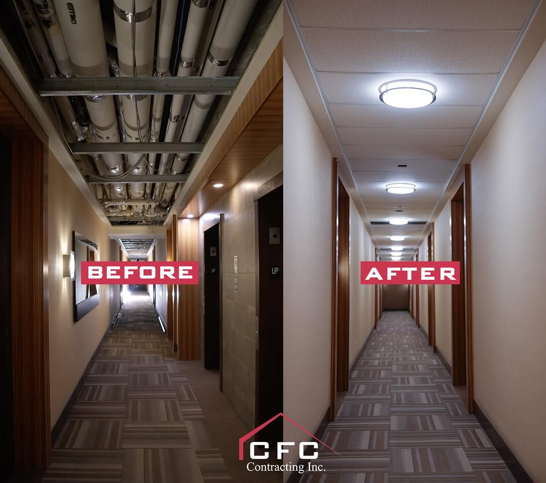 A simple upgrade can make a big difference. Across multiple floors in this residential building, our team installed new corridor lighting and ceiling tiles to give the space a brighter, cleaner, and