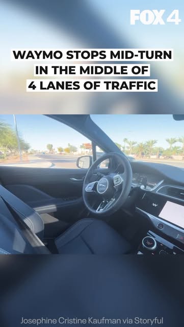#Waymo Reel by @fox4news (verified account) - A woman's first Waymo ride in Chandler, Arizona, was more thrilling than expected when the autonomous vehicle stopped in the middle of a multi-lane in