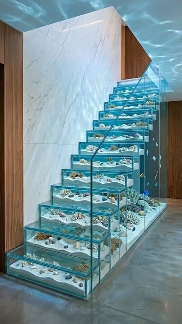 #Luxury Reel by @snap.builds (verified account) - Turning a normal staircase into an ocean inspired masterpiece 🌊
Transparent glass steps filled with sand, shells and water create a stunning luxury