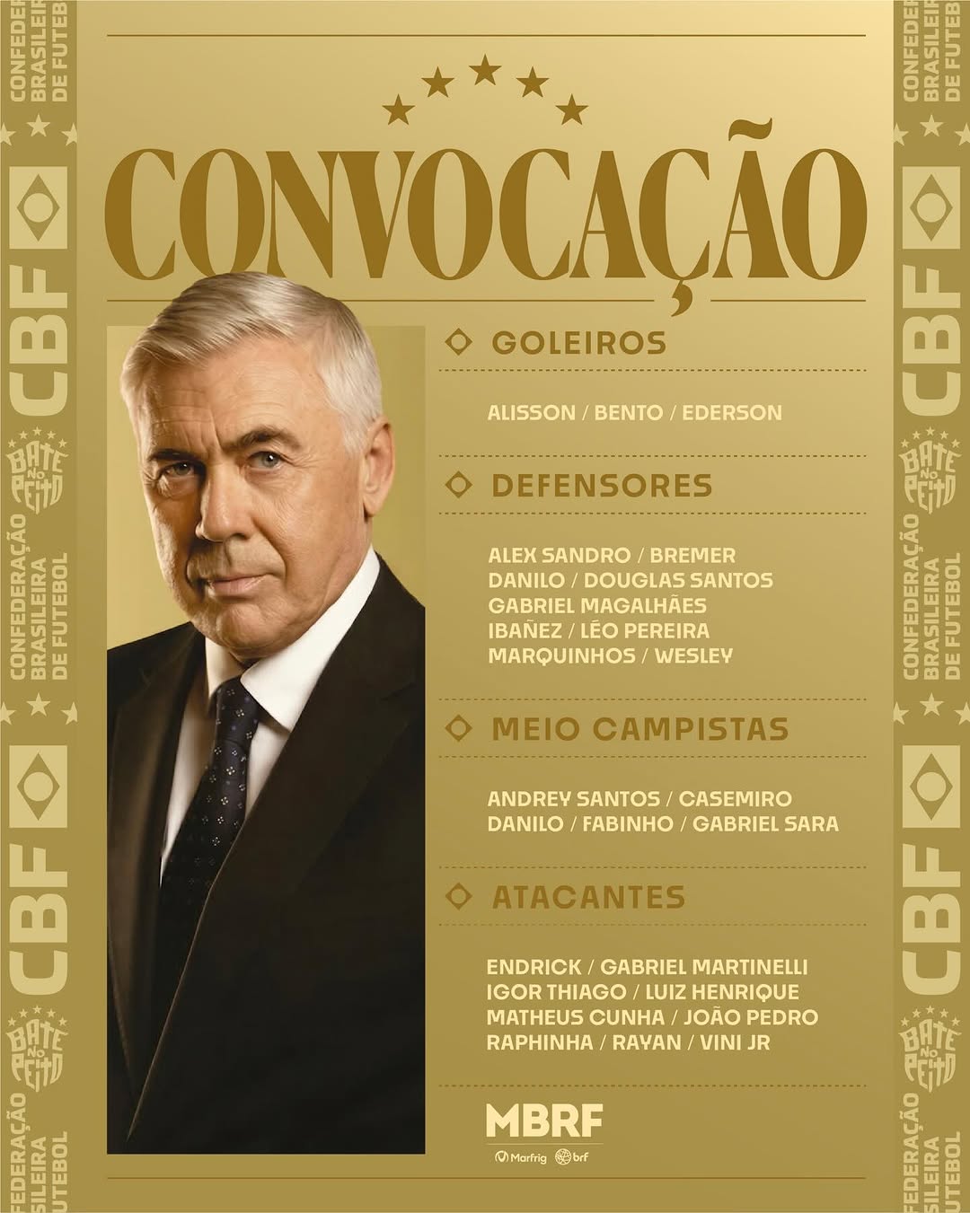 CONVOCADOS! 📋 O mister Ancelotti divulgou a lista de jogadores convocados para os amistosos contra França e Croácia, nos dias 26 e 31 de março, nos Estados Unidos. BATE NO PEITO! ISSO É BRASIL 🇧