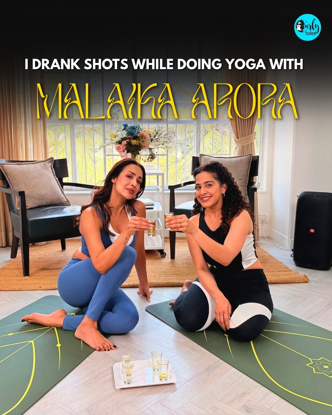 #SundayBrunch umm excuseee me whattt?? Shots woh bhi yoga session mein??? Most exclusive episode now streaming only on the Curly Tales App, download the app now! #malaikaarora #kamiyajani #food #yoga