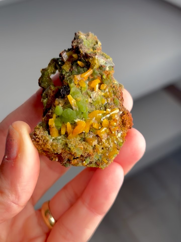 2009 find ! Very colorful and beautiful Mimetite with Wulfenite Specimens 💚💛 From Ojuela Mine, Durango, Mexico. Botryoids of rich green mimetite with deep amber-colored, wulfenite. Available on ou