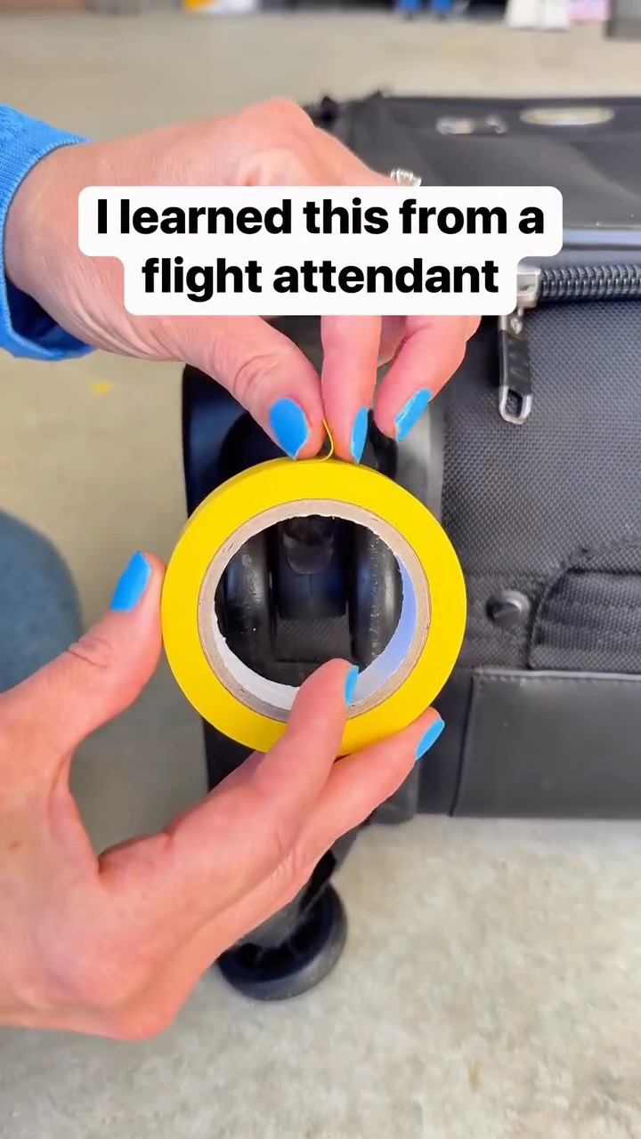 Now I put tape on my suitcase wheels to keep dirt off, make them quieter, and help them last a little longer ✈️✨ #suitcase #traveltips #flightattendant #packing