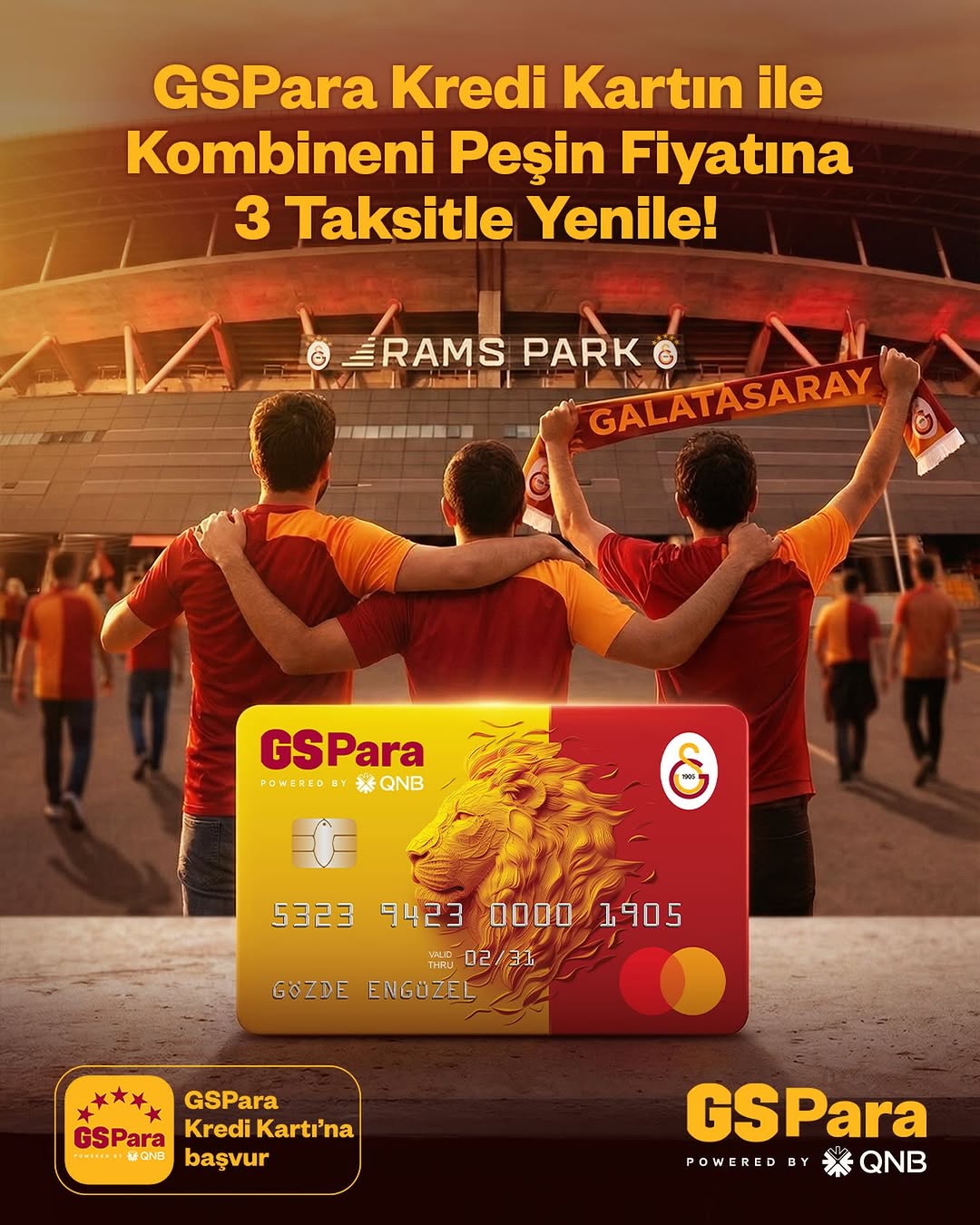 Kombineni GSPara ile peşin fiyatına 3 taksitle yenile! 🏟️ Yeni sezonda yerini almak için hemen GSPara Kredi Kartı’na başvur. 💛❤️ ℹ️ GSPara Dijital Bankacılık Uygulaması, QNB tarafından geliştirilm