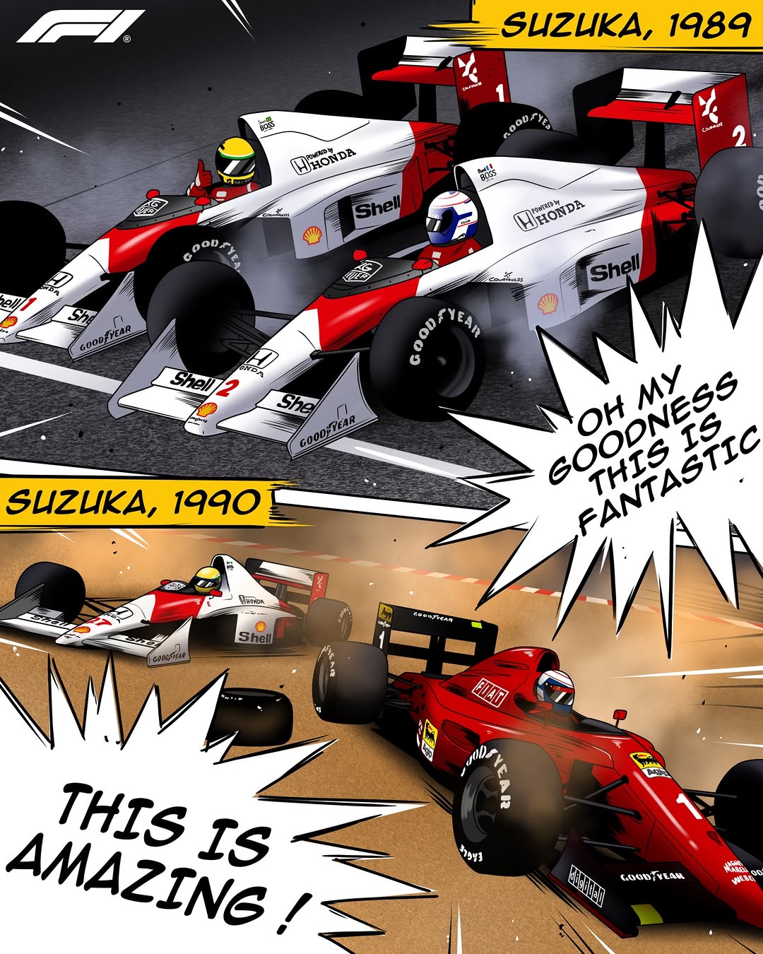 Suzuka Manga Memories: Edition III 🇯🇵 When Ayrton Senna and Alain Prost’s thrilling rivalry became dramatic title showdowns in Japan! 😨⚔️ #F1 #Formula1 #JapaneseGP