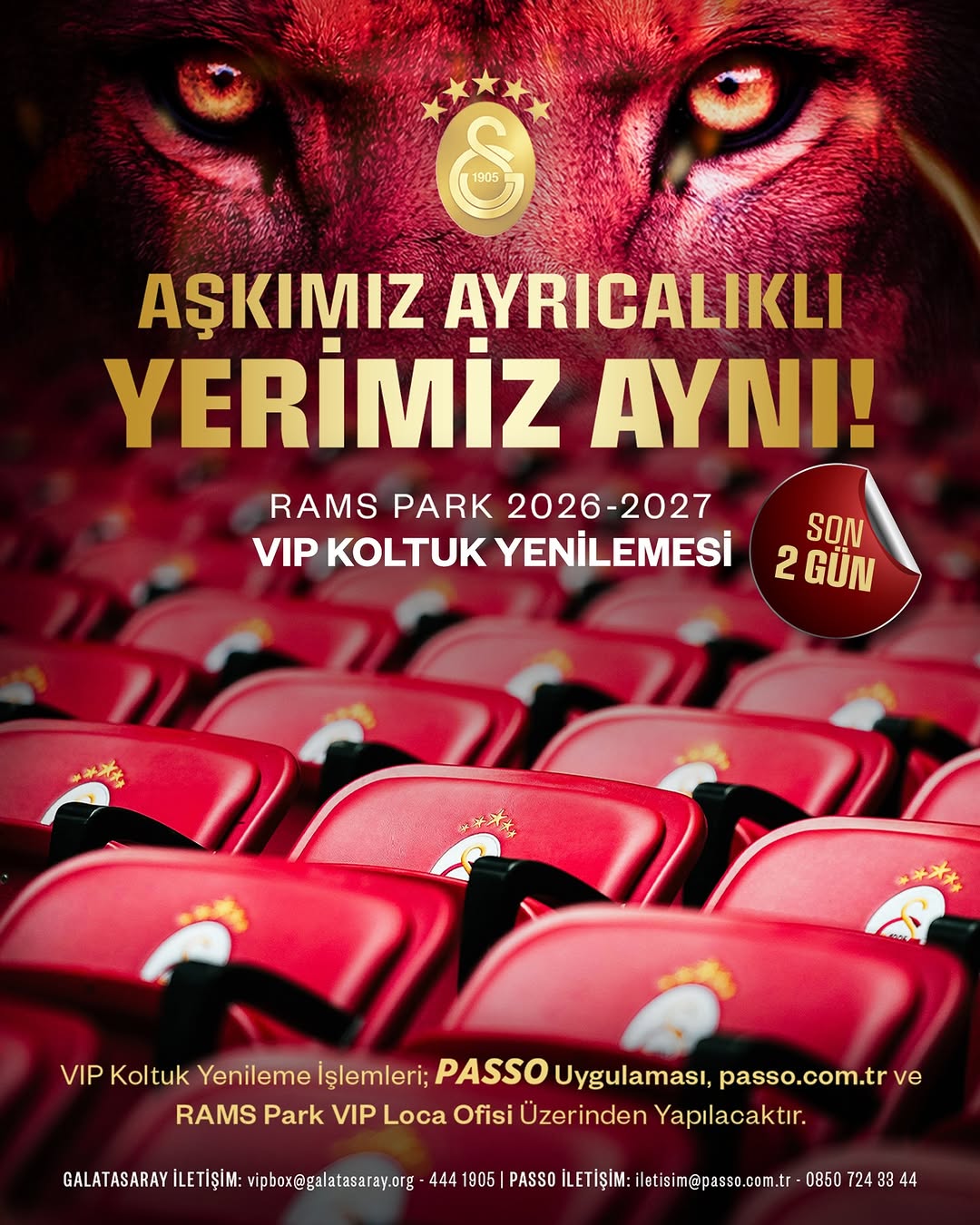 AŞKIMIZ AYRICALIKLI, YERİMİZ AYNI! 💛❤️ Şampiyonluk yolunda yeni zaferlerimize VIP koltuklarımızda eşlik etmeniz için yenileme döneminde son 2 gün! ⏳ Detaylar ve yenileme işlemleri için link hikayed