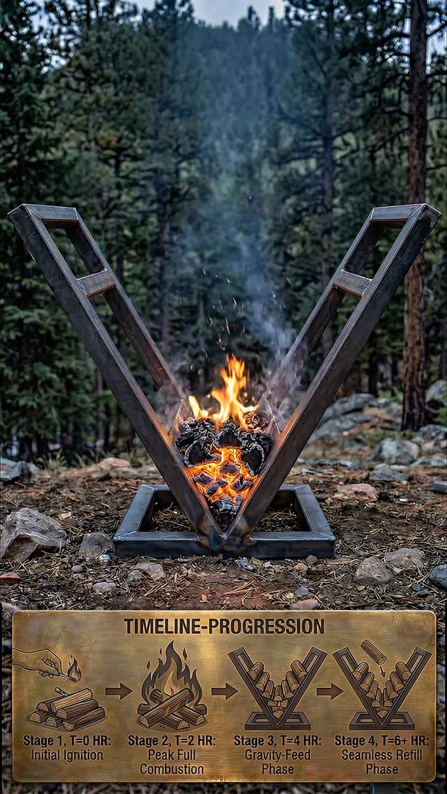 The fire pit that feeds itself? Meet the future of bonfires. π₯π€― Introducing a revolutionary way to enjoy an all-night fire without lifting a finger. This modern V-shaped gravity-feed fire pit uses