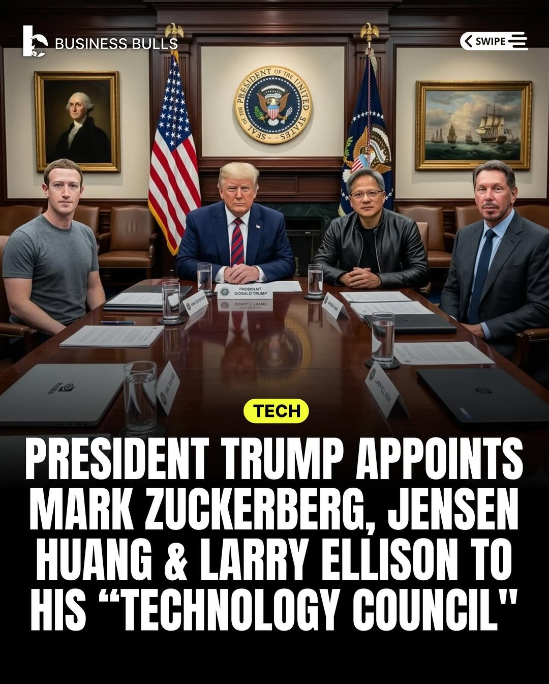 President Trump is forming a new βtechnology councilβ to advise on AI policies and other tech matters. Industry giants Mark Zuckerberg, Larry Ellison, and Jensen Huang have been named members. The cou