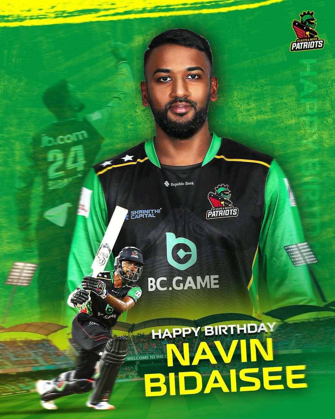 Wishing you a smashing birthday, Navin! 💥 Keep hitting life for six! #SKNP | #SKNPatriots | #Patriots