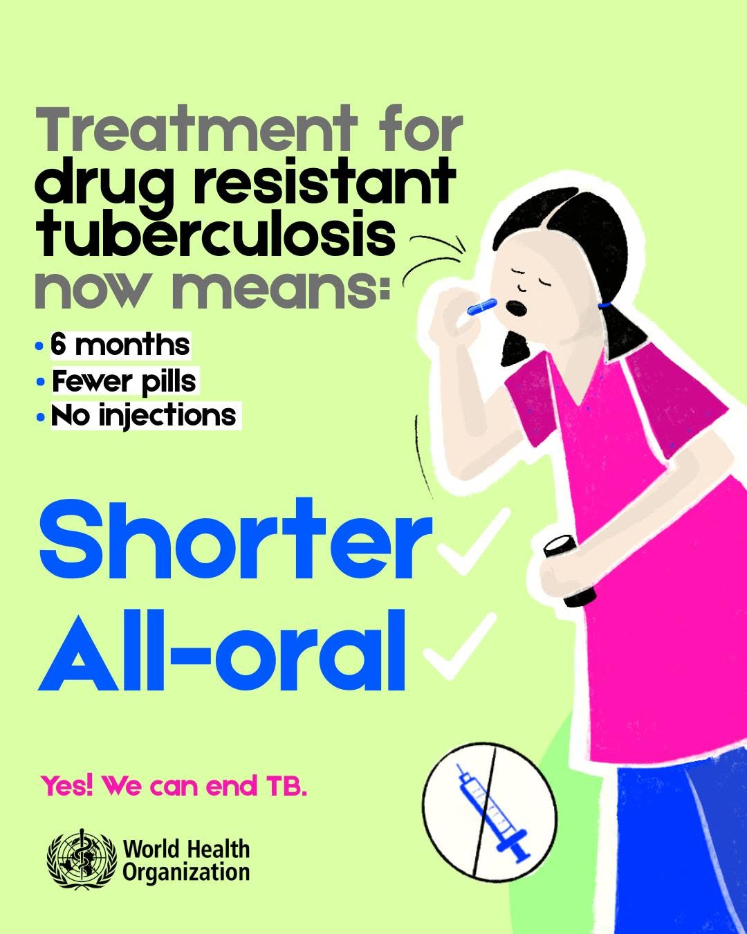 Good news: Drug resistant tuberculosis treatment is shorter and all-oral. Check with your doctor for WHO-recommended fully oral, shorter treatment lasting 6 months, with fewer pills and zero injectio